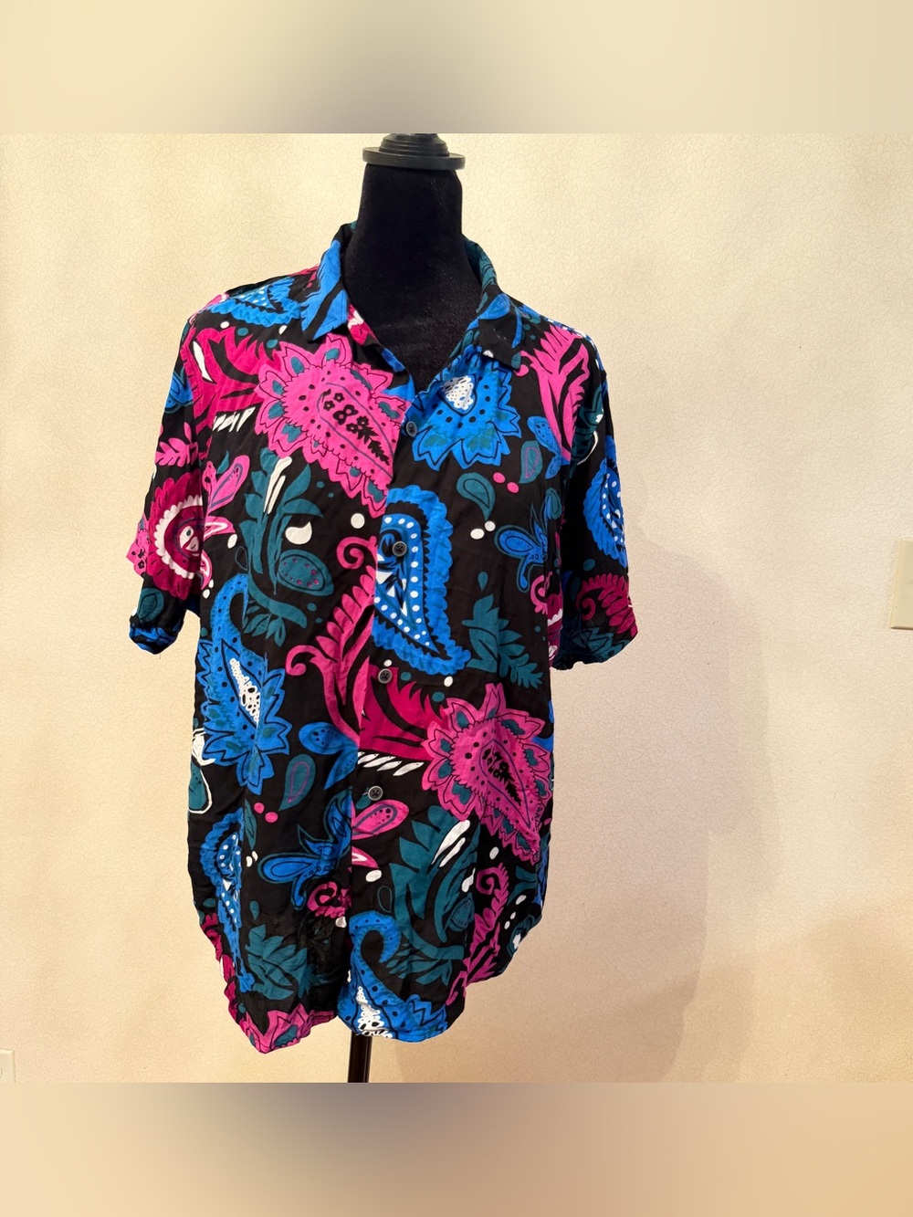 Makeba Istanbul XL Black Pink Blue Paisley Floral Button Up Boho Shirt
